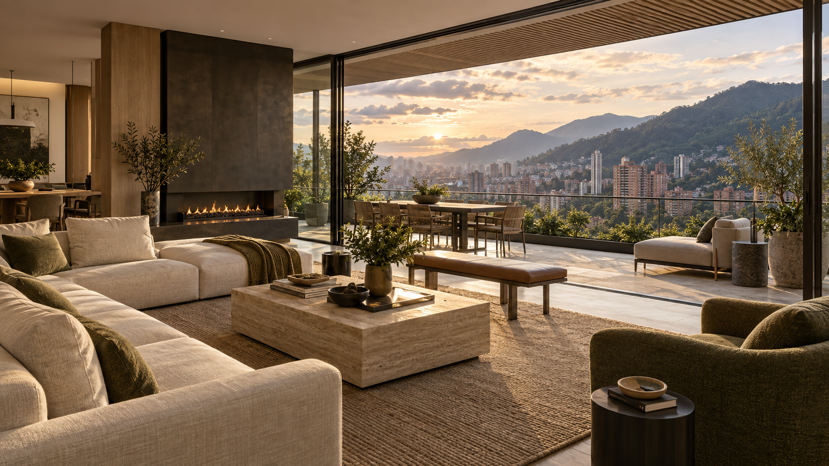 Apartamento de lujo y terraza con vista conceptual hacia los cerros de Bogotá